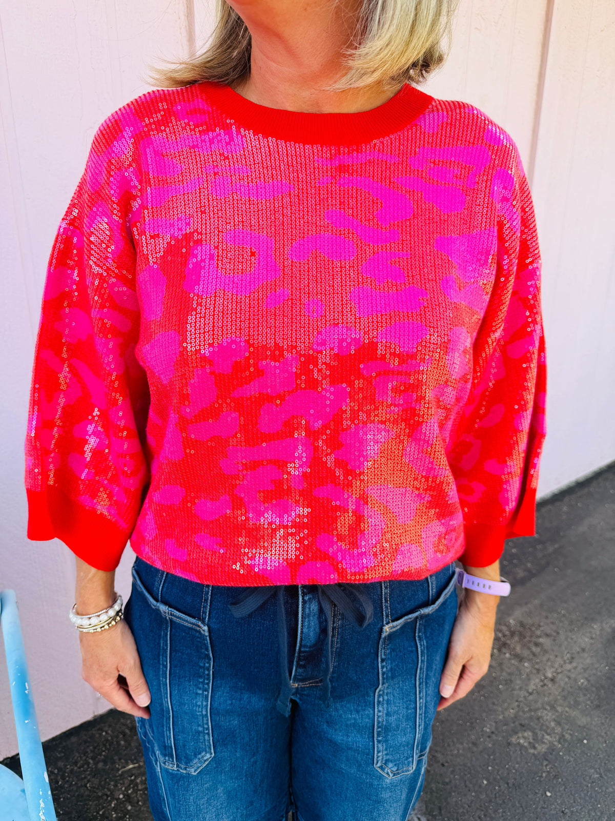 Red/Pink Sequin Leopard Top