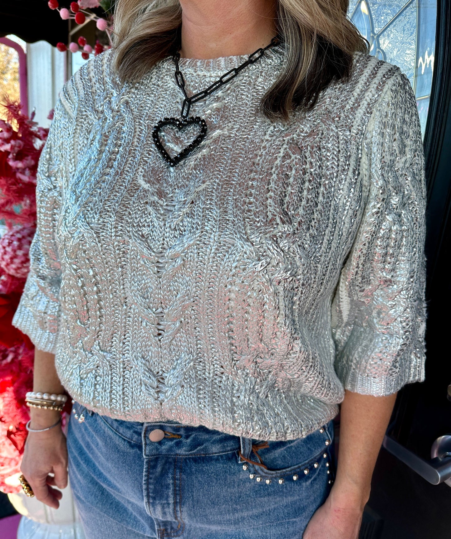 Silver Metallic SS Cable Knit Top