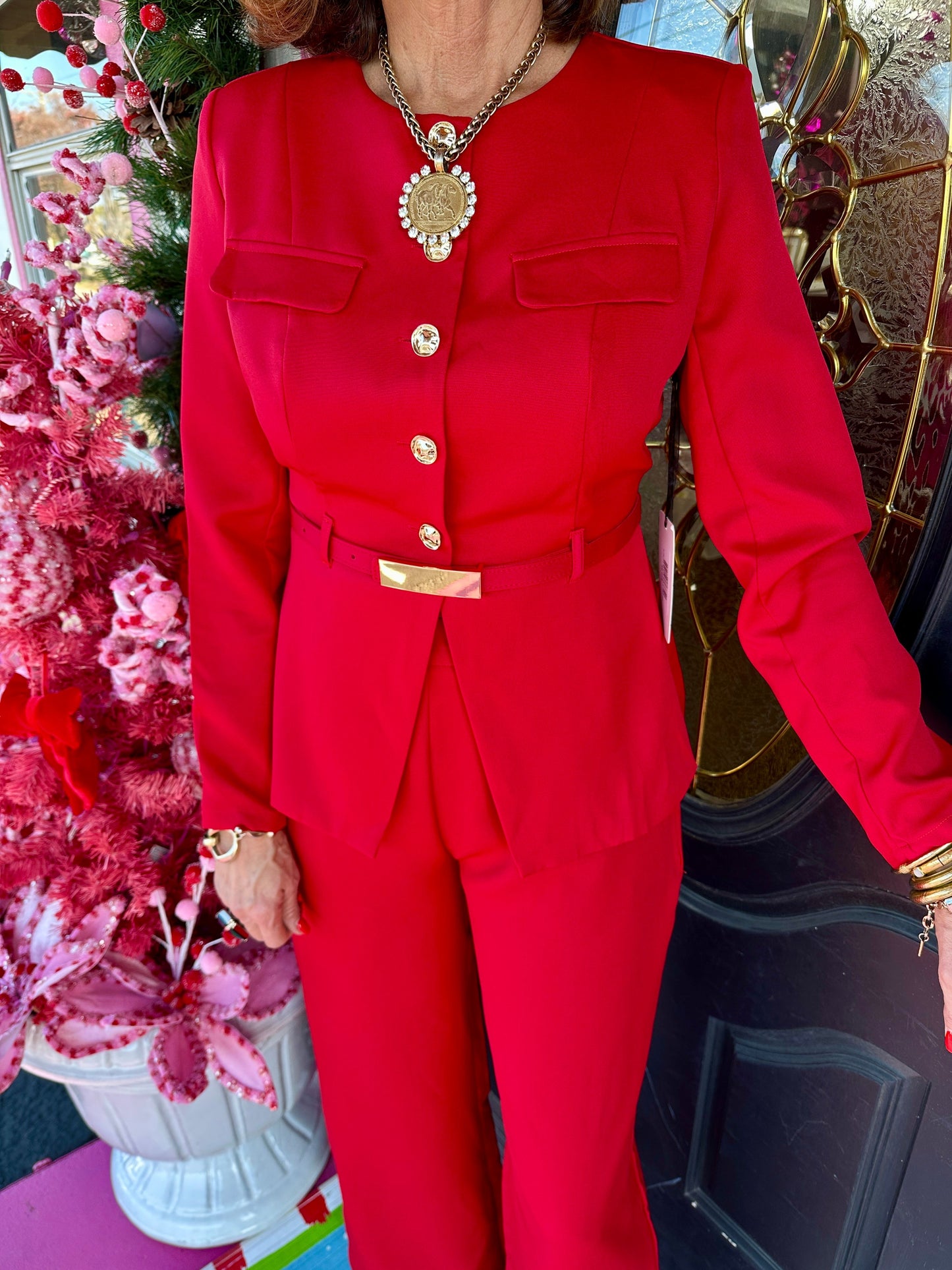 Red LS Belted Wide Leg Pant Set