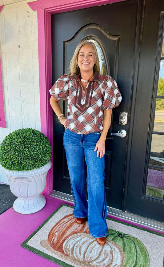 Brown/Blue Plaid SS Top