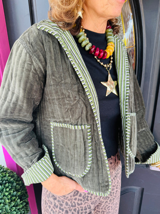 Olive Pinstripe Velvet JKT O/S