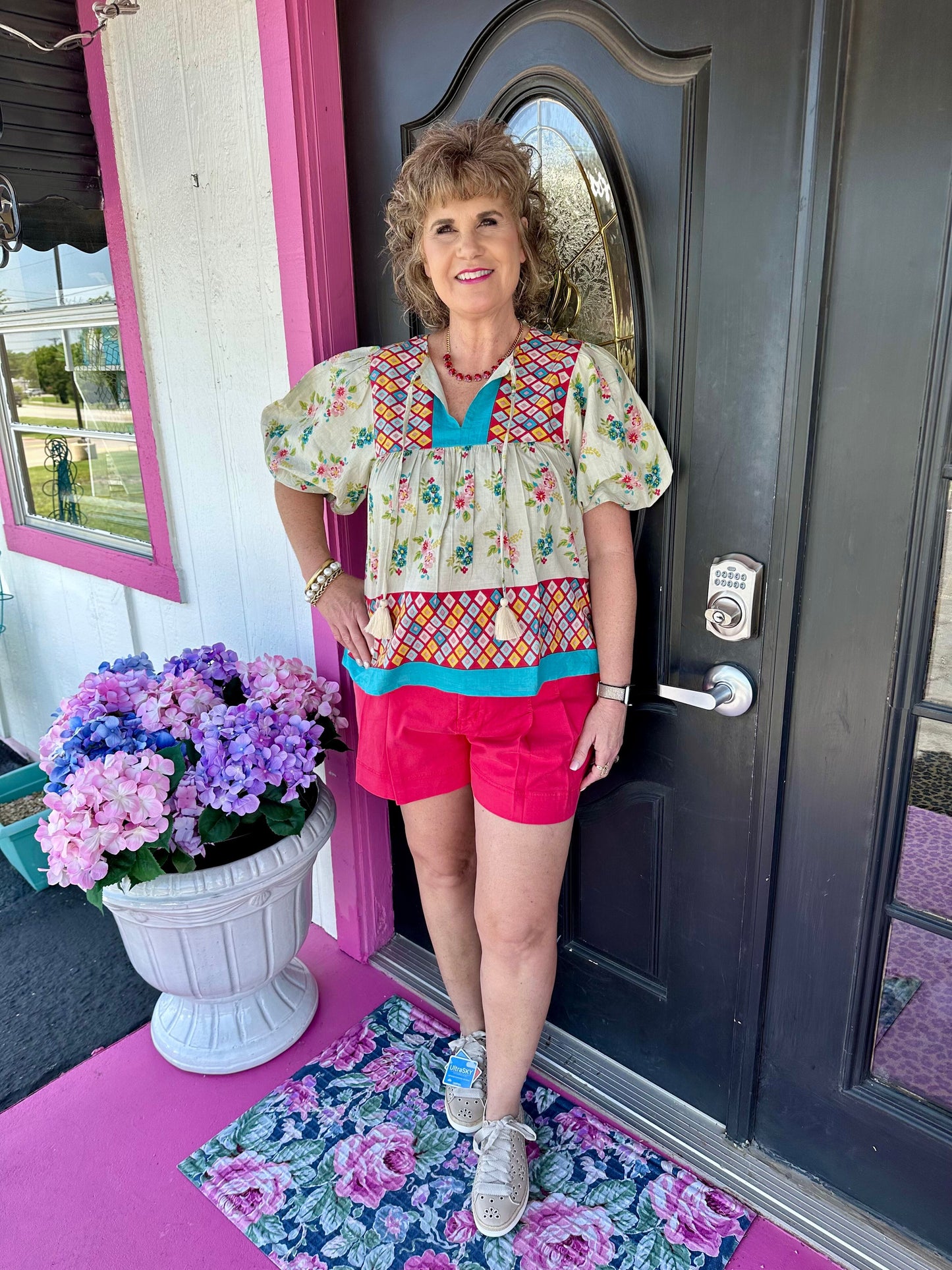 Puff Sleeve Floral Tie Tassel Top