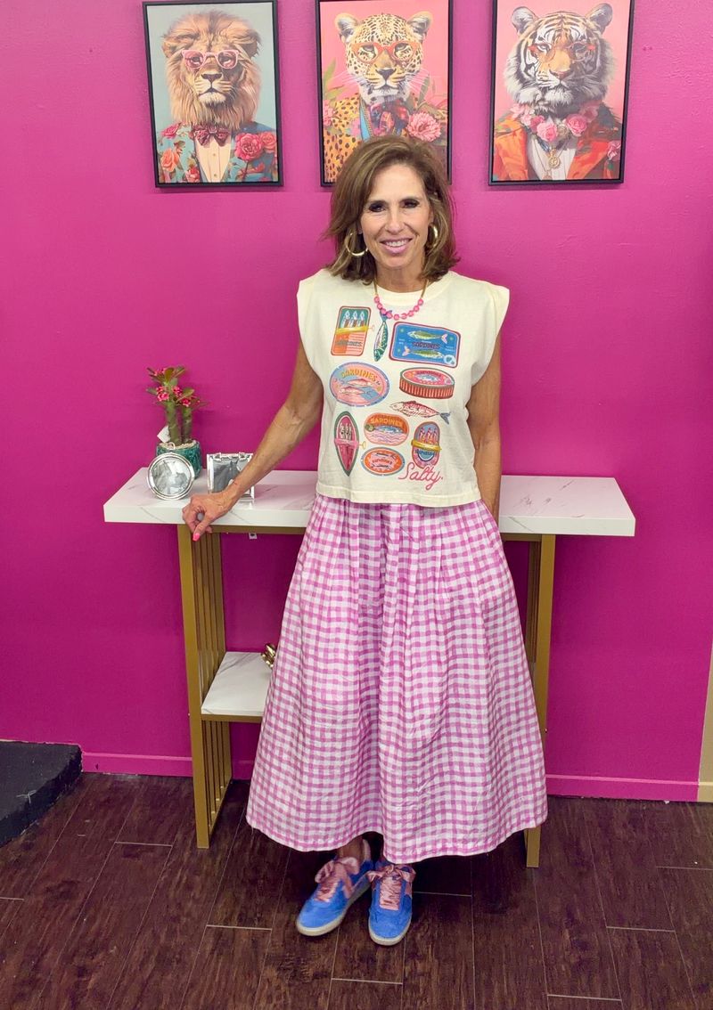 Pink Checkered Midi Skirt