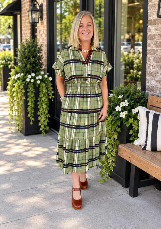 Green Plaid SS Tier Maxi