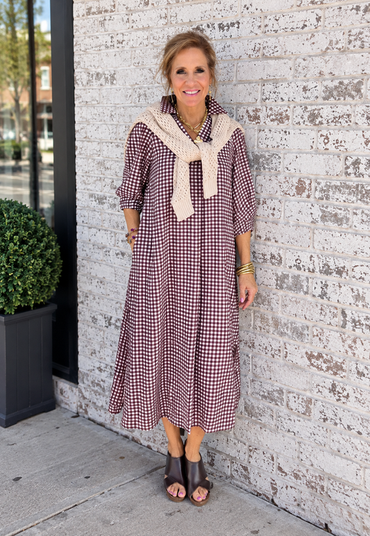 Red Brown Checkered Midi Dress