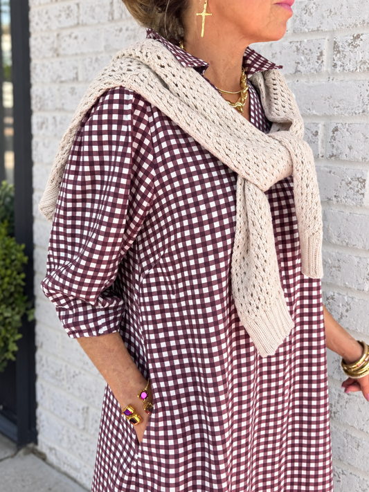 Red Brown Checkered Midi Dress