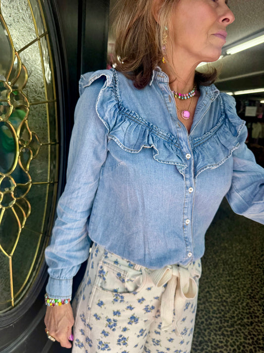 Denim Ruffle Button Down Top