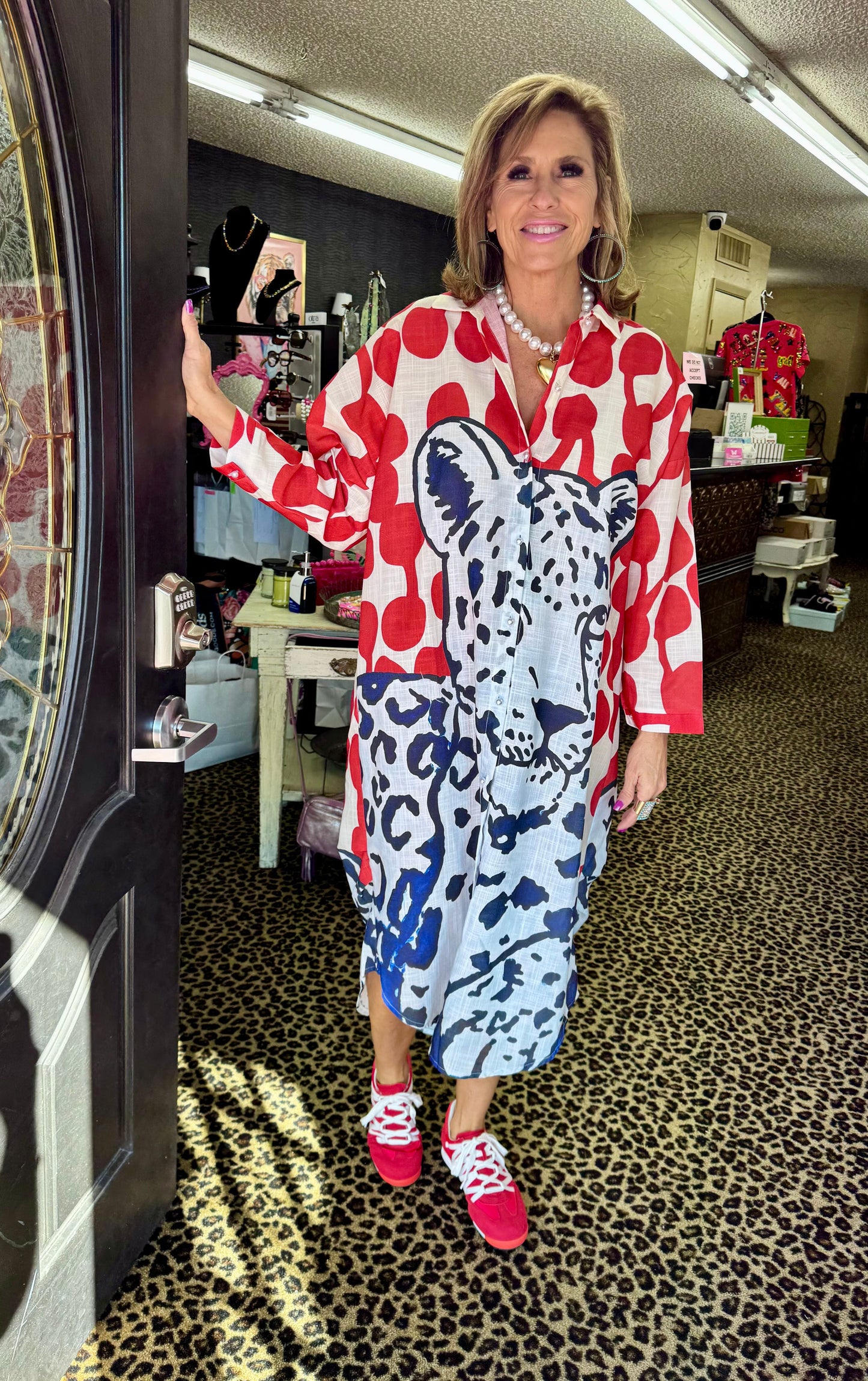 Red with Navy Tiger Maxi Dress