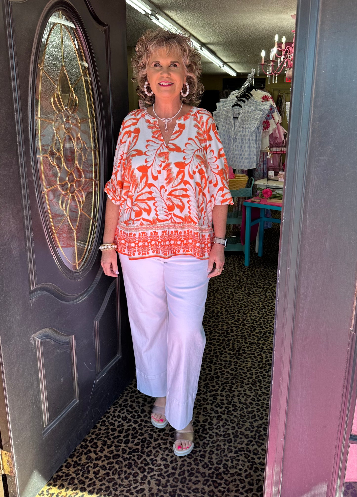 Orange/White V-Neck Button Top