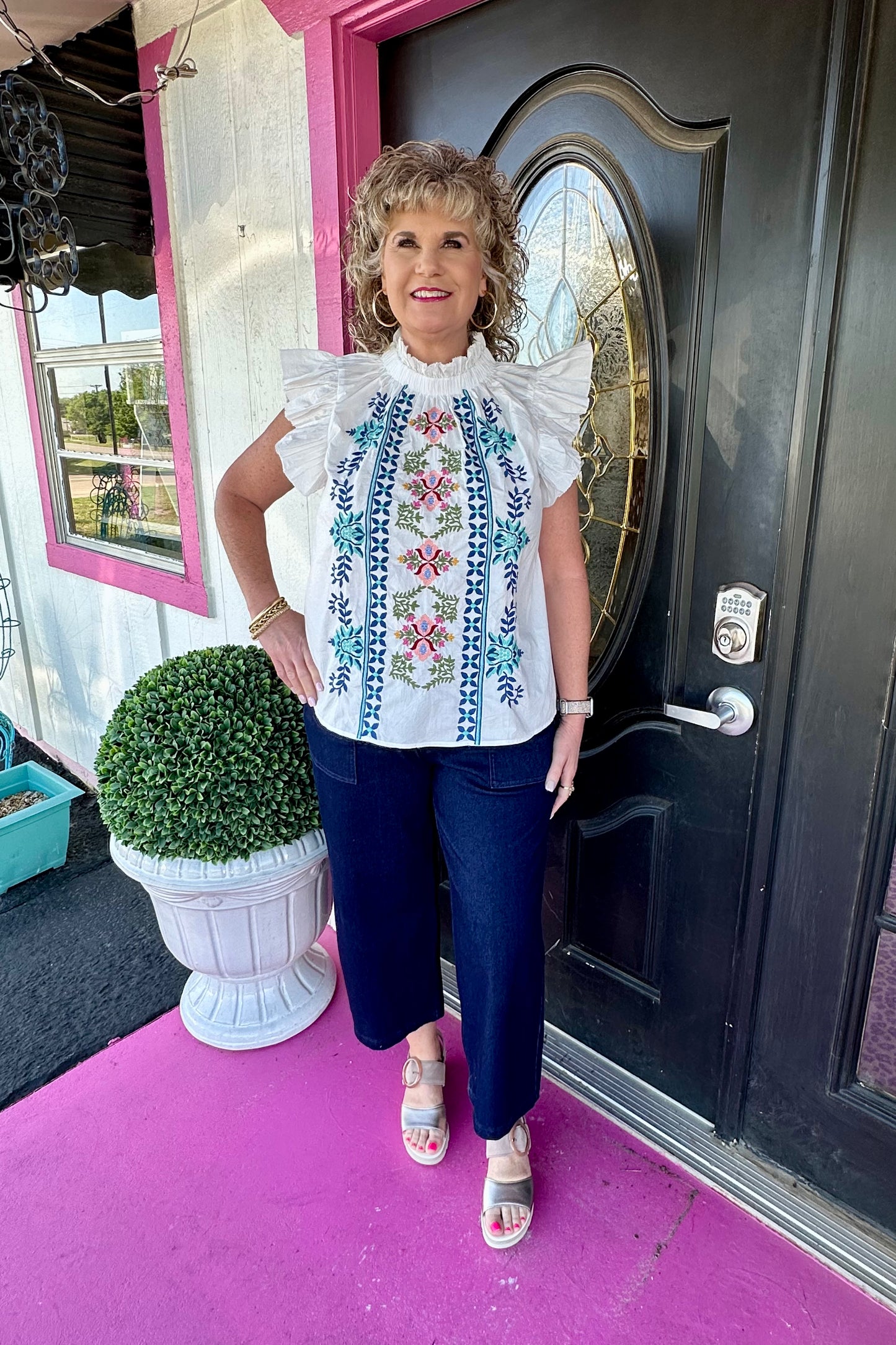 White Embroidered Flutter Slv Top
