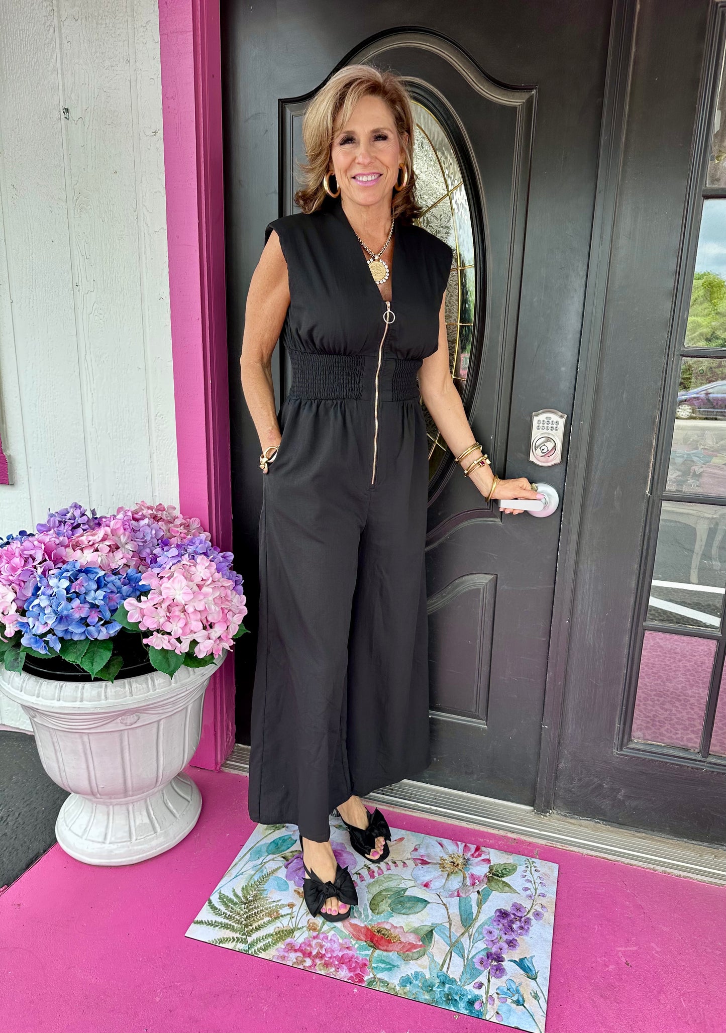Black Zip Elastic Waist Jumpsuit