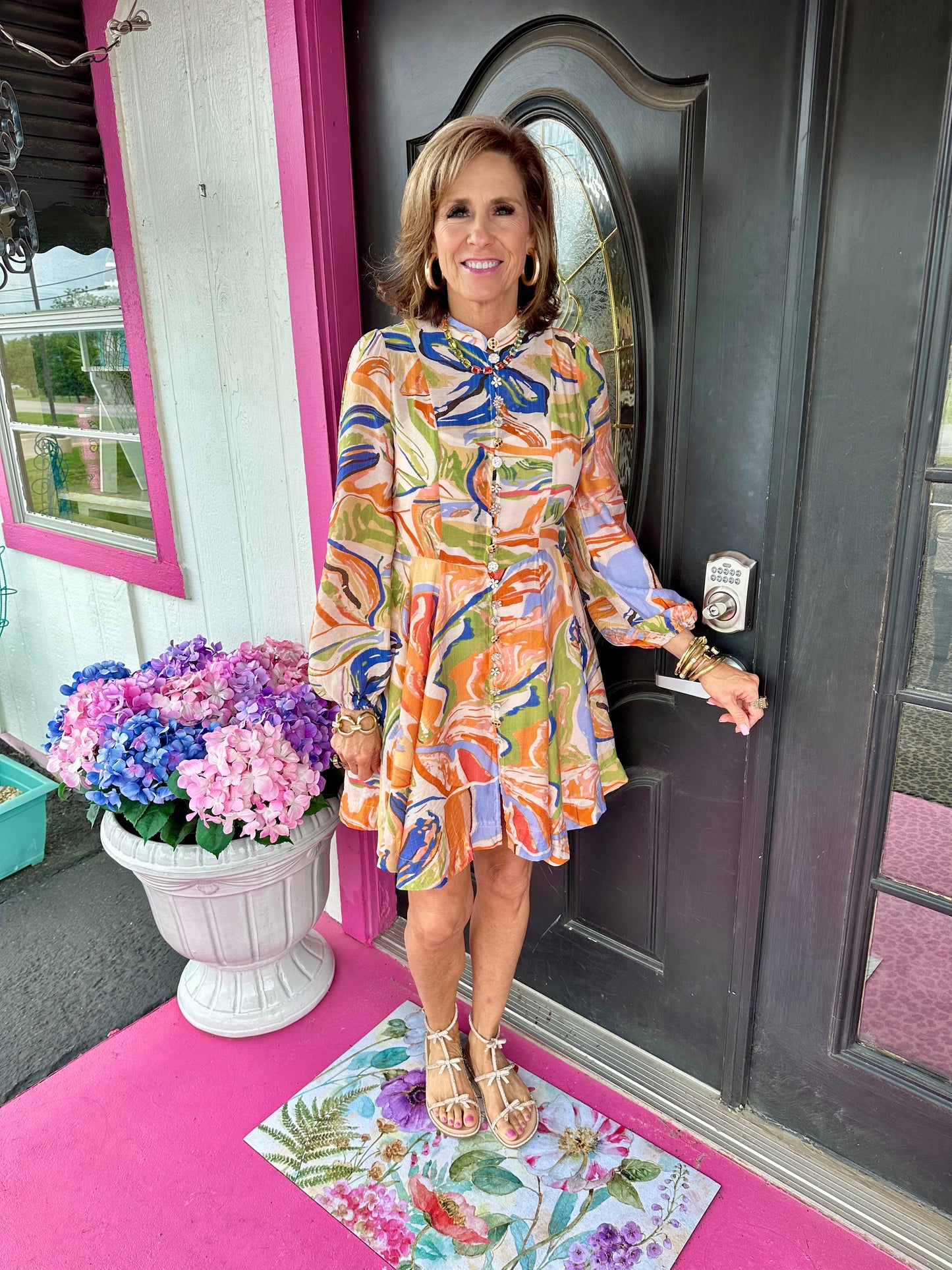 LS Multi Print Fancy Button Dress