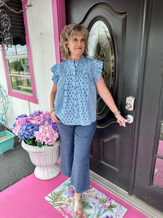 Blocked In Blue Button Top