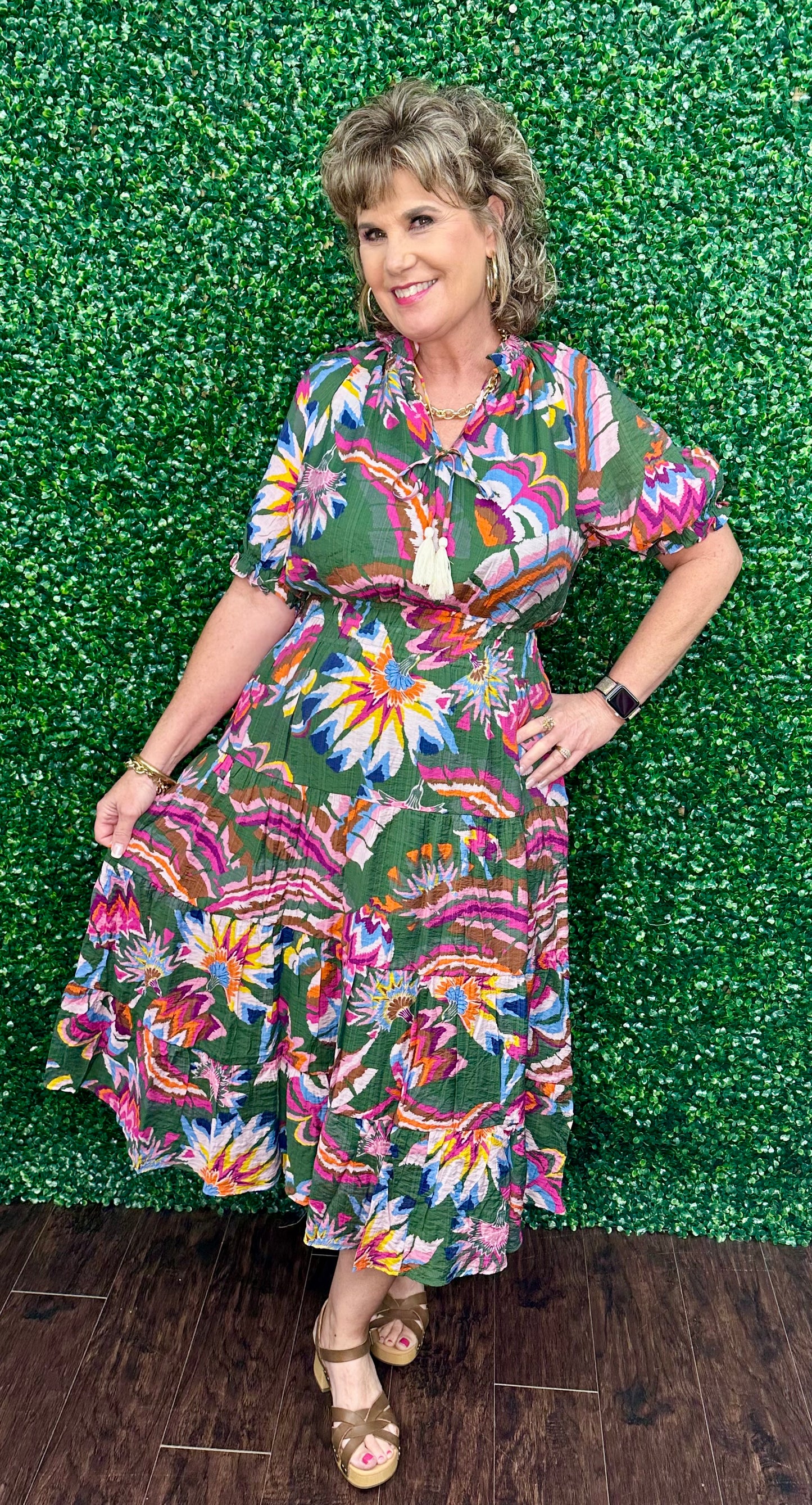 Green Floral Tie Front Maxi Dress