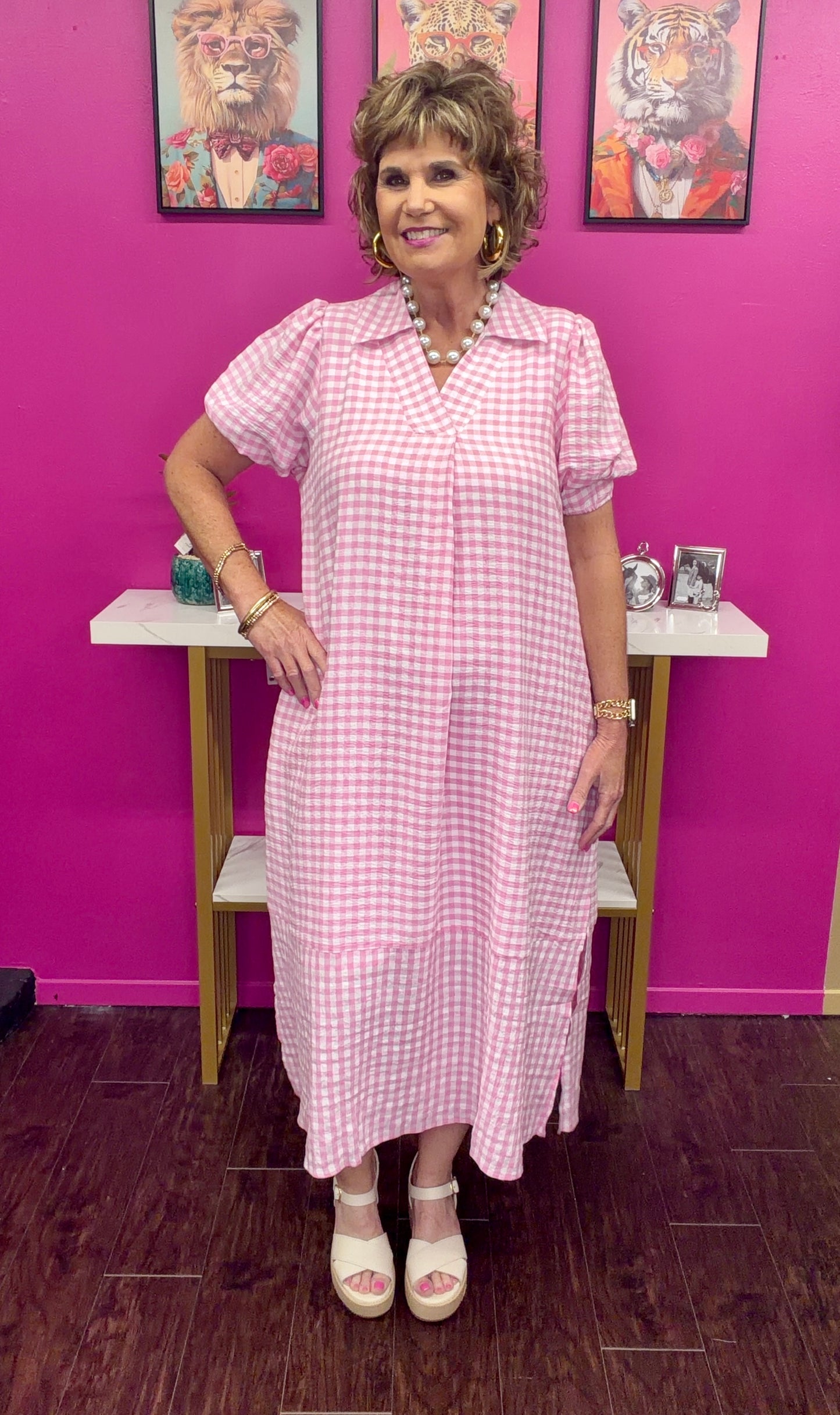 Pink Gingham Midi Dress