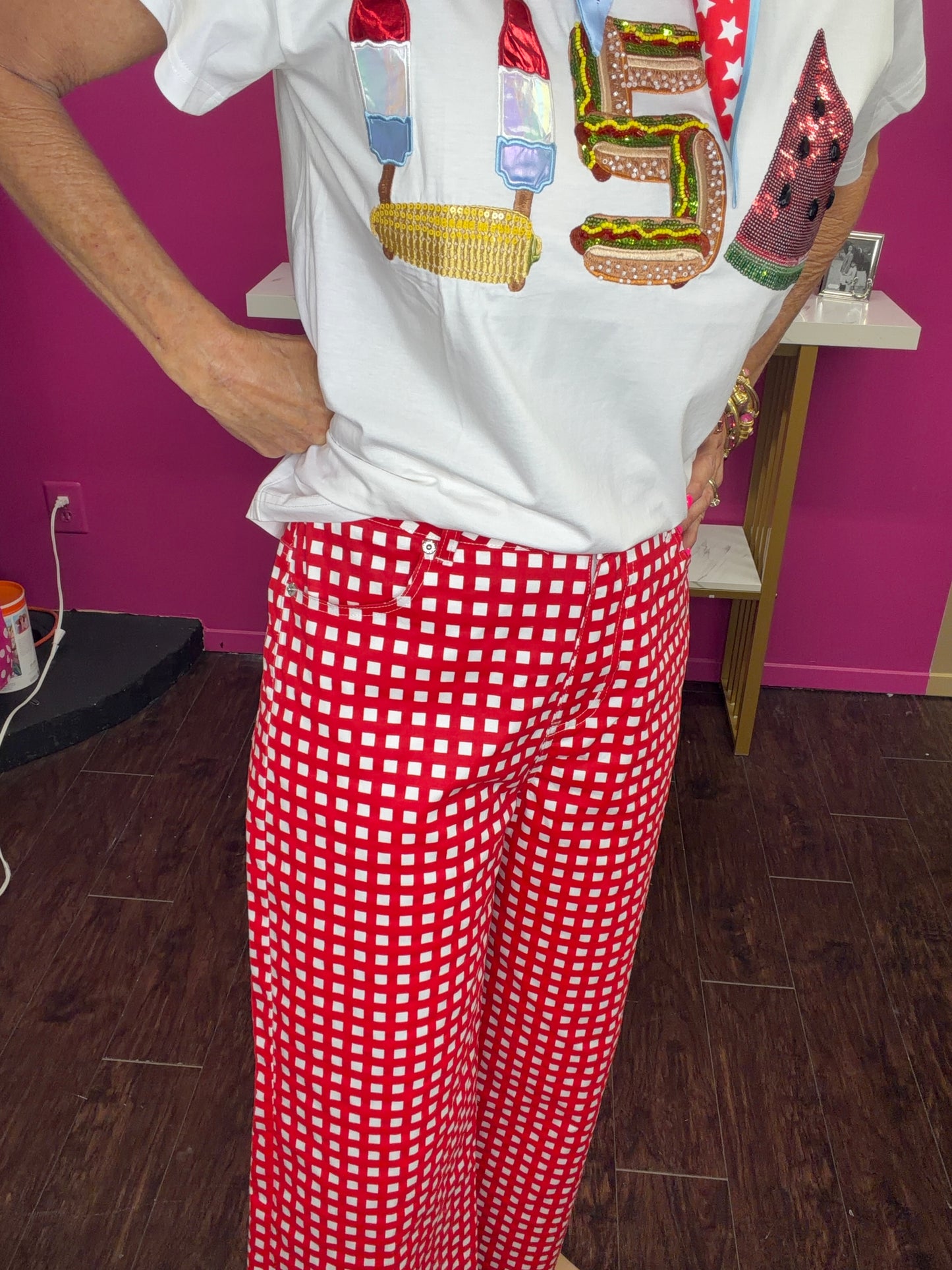 Red White Checked Crop Pant