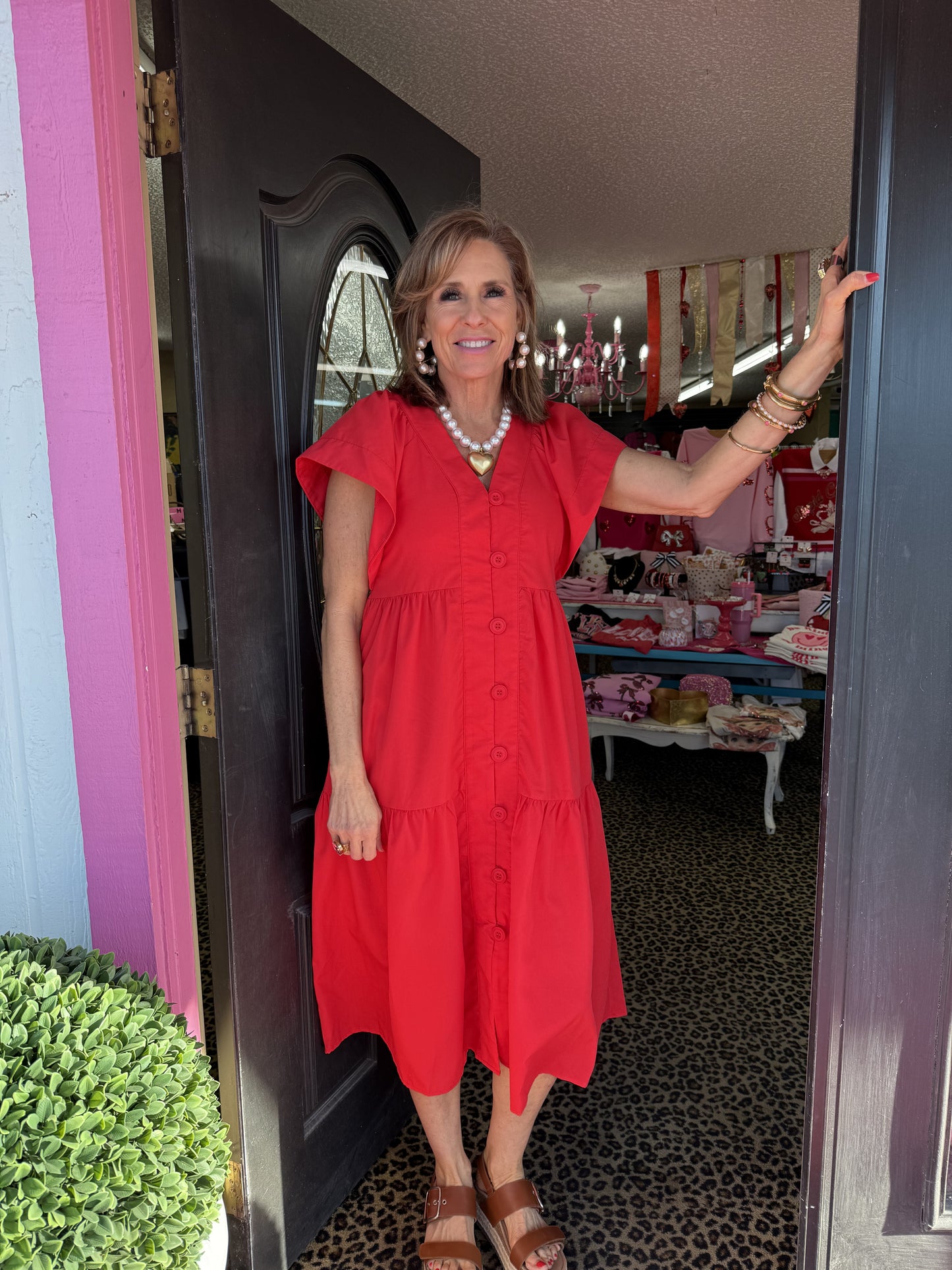 Red Button Front Midi Dress