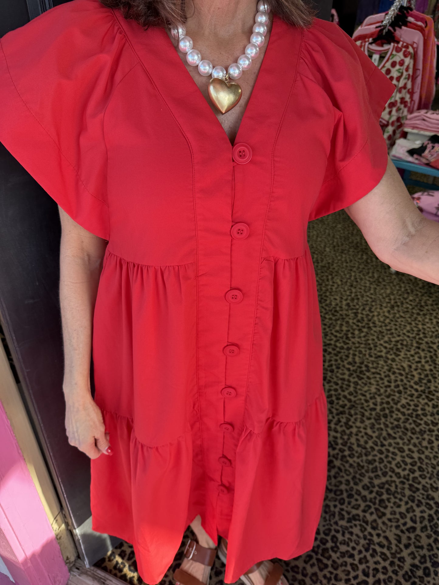 Red Button Front Midi Dress