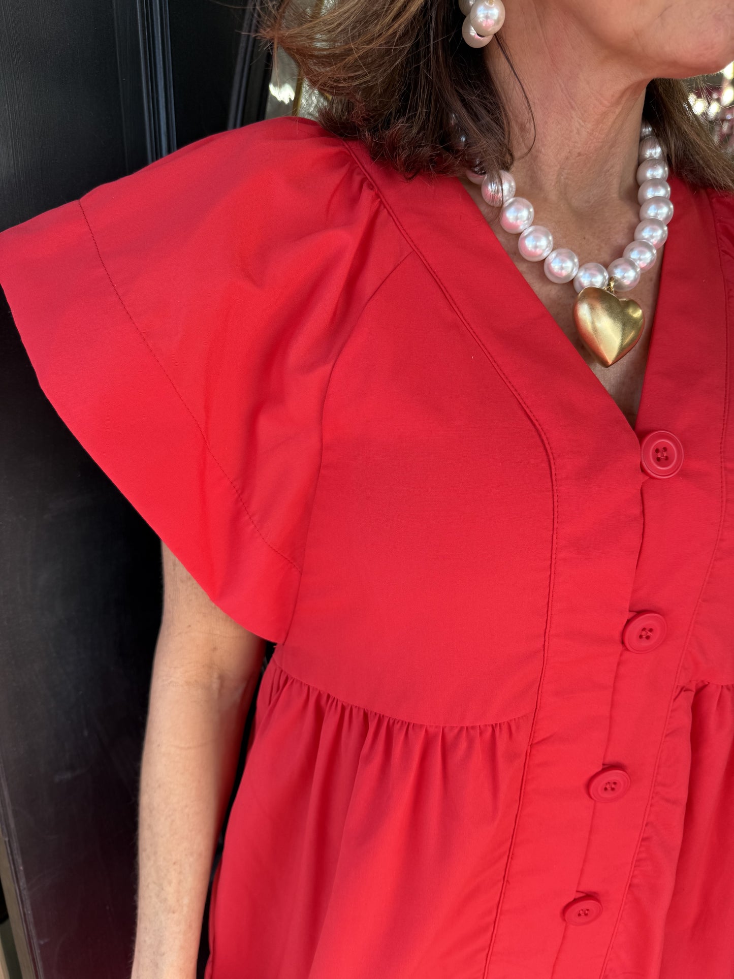 Red Button Front Midi Dress