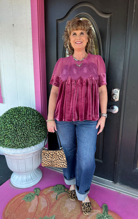 Lace Detail Velvet Babydoll Top