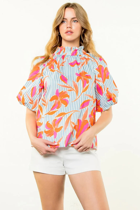 Blue Stripe Floral Back Button Top