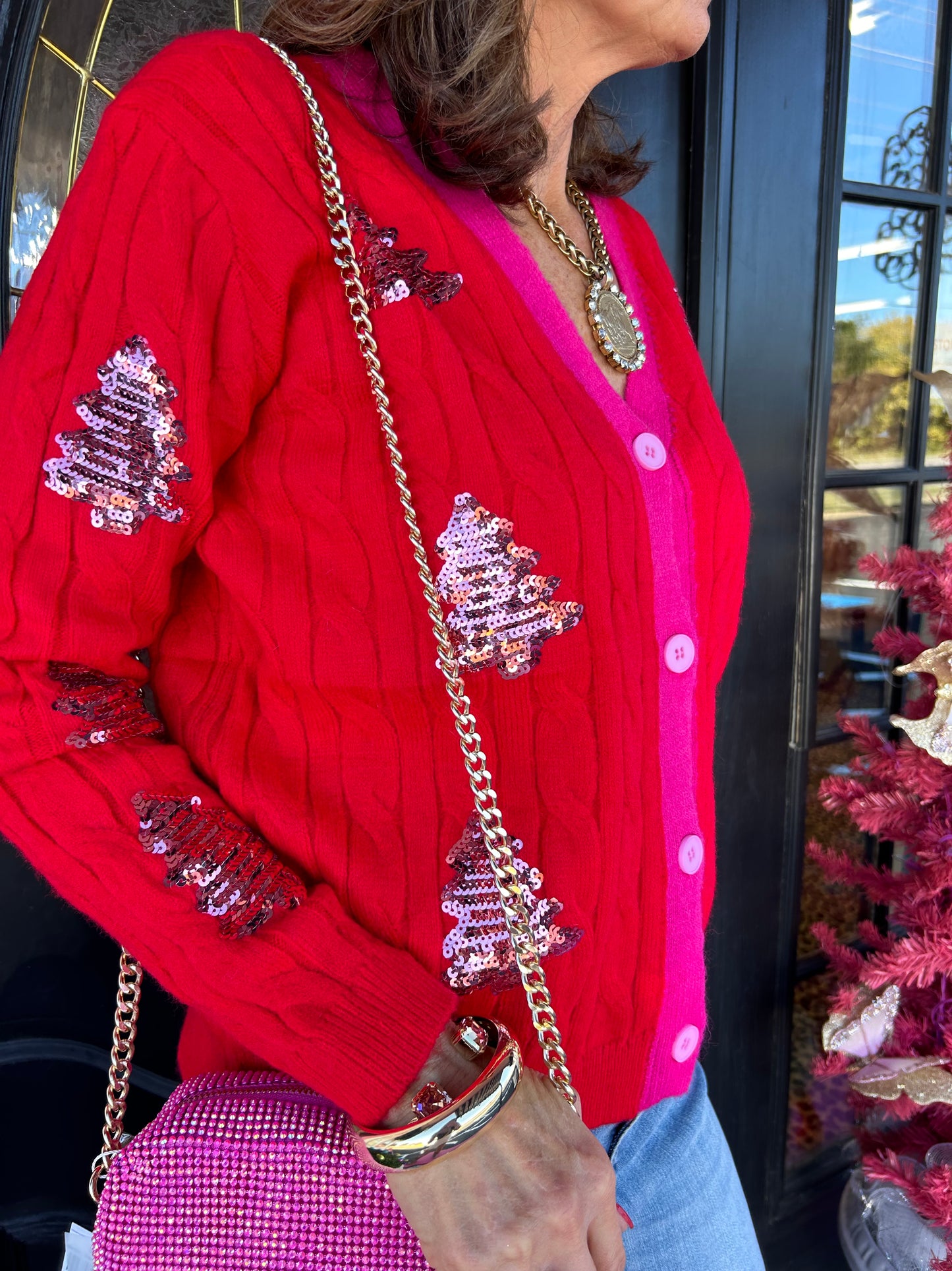 Red Tree Sequin Cardigan