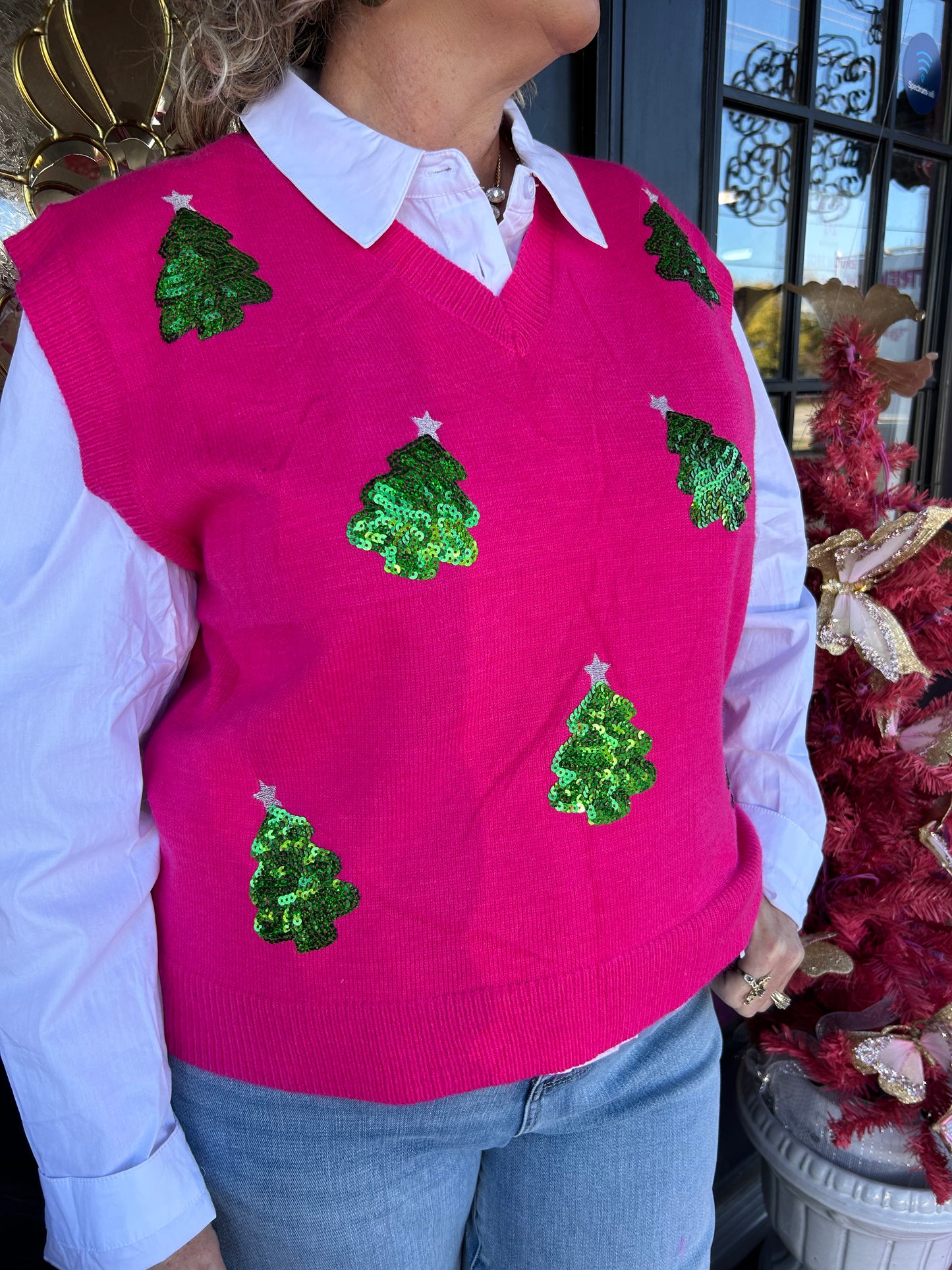 Pink Sequin Tree Sweater Vest