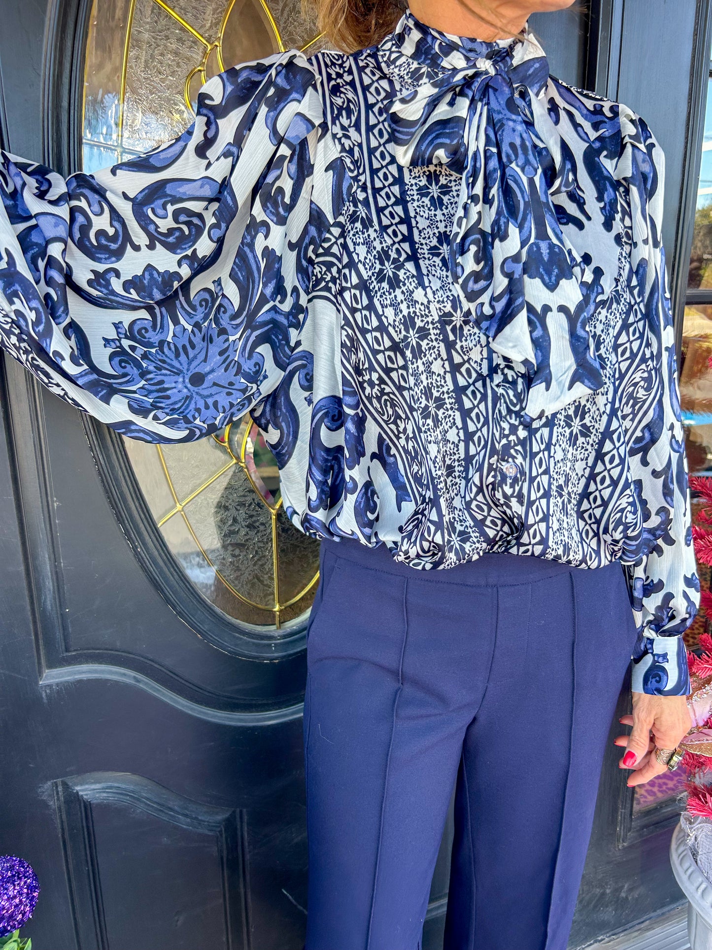 Navy Floral Tie Silk Blouse - OS