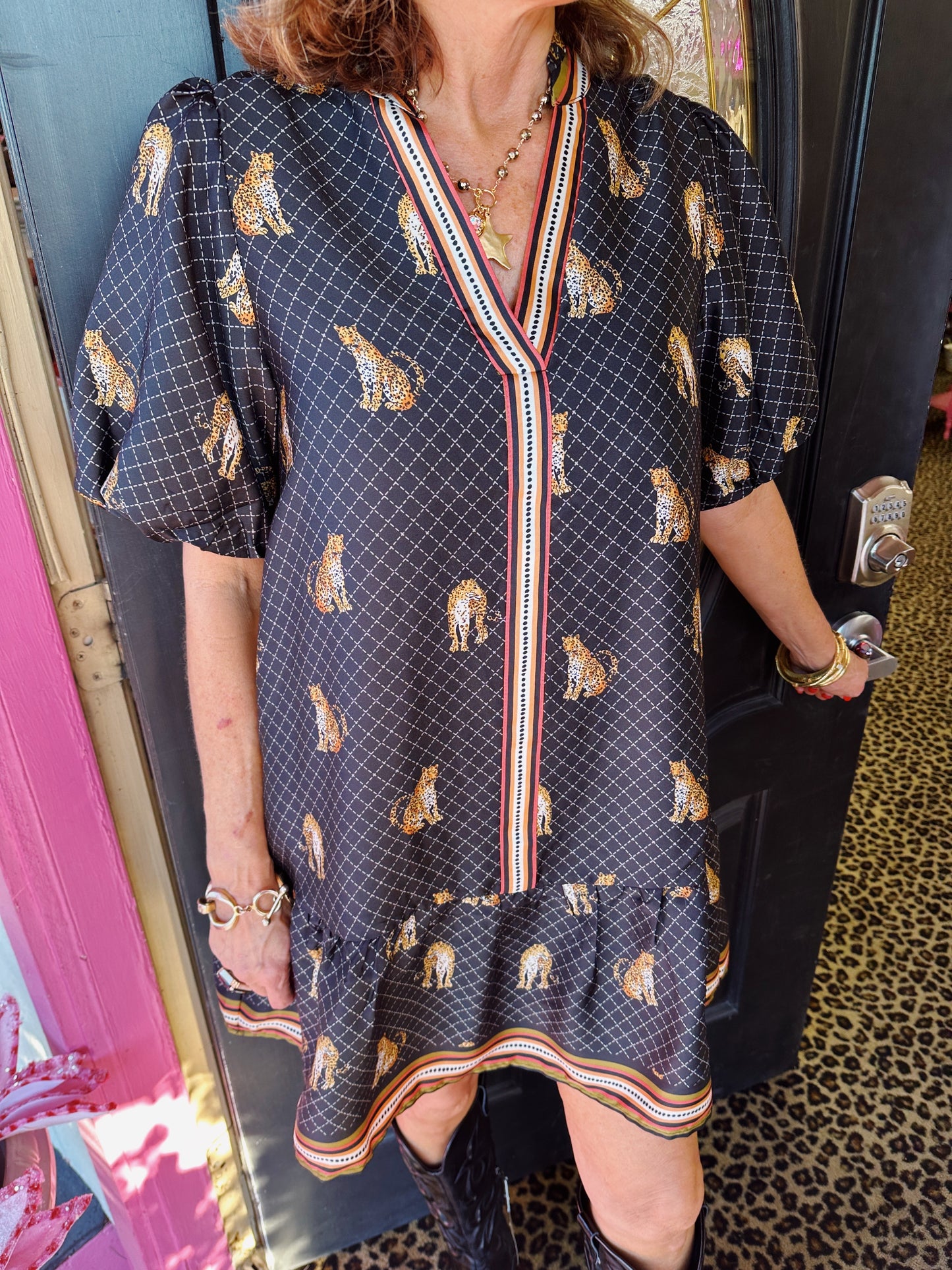 Black Leopard Puff Tier Dress