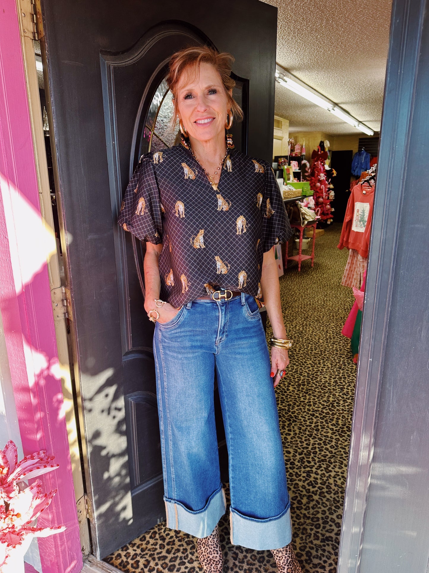 Leopard Print Puff V-Neck Top