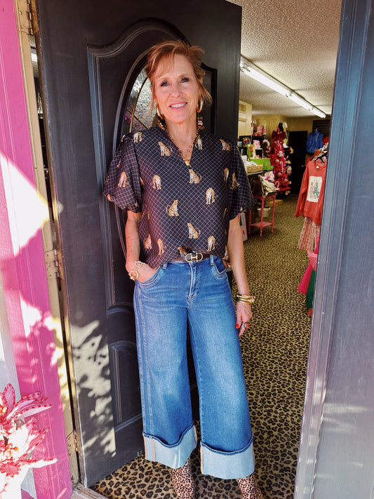 Leopard Print Puff V-Neck Top