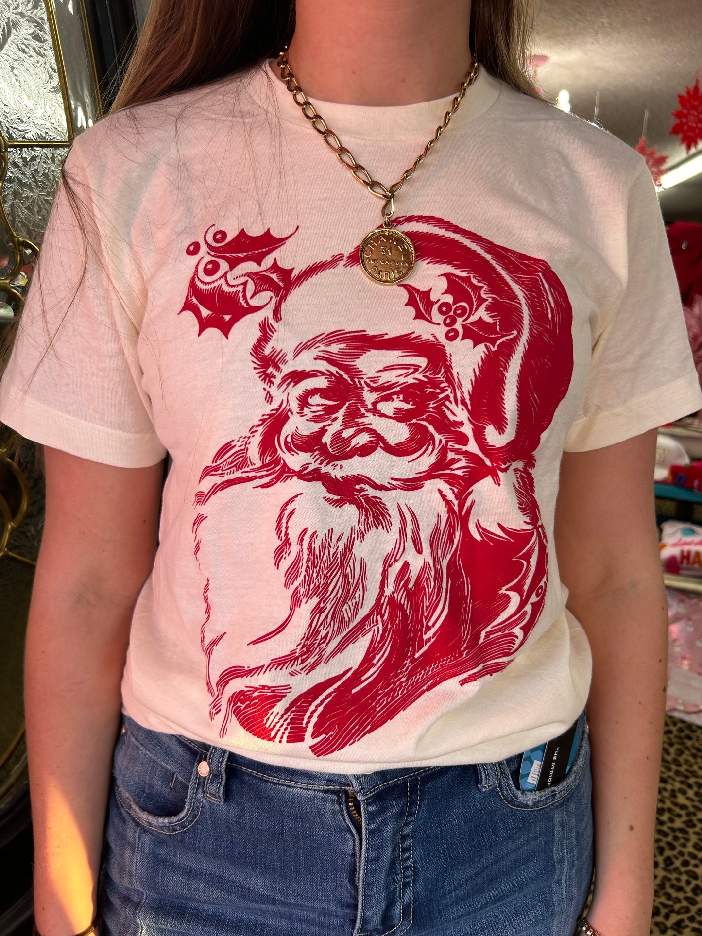 Red Santa on Beige SS Tee