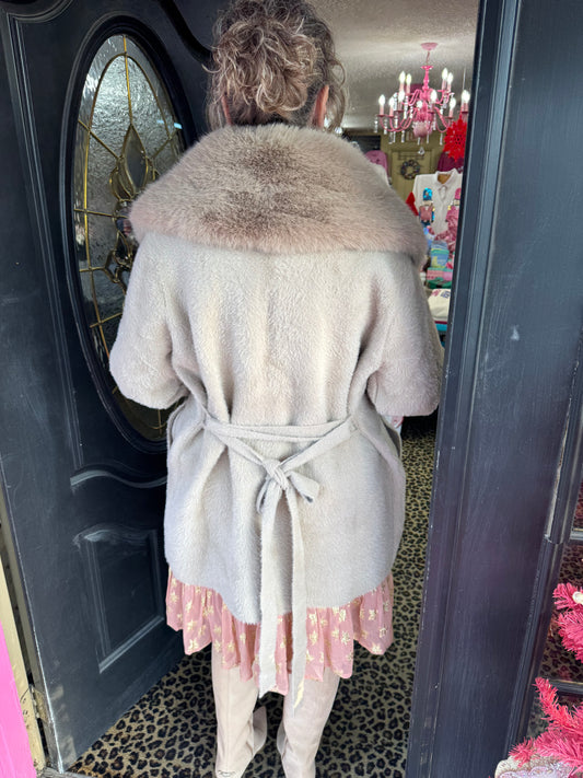 Beige Long Fur Belted Coat - OS