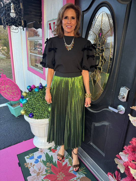 Metallic Green Pleated Long Skirt