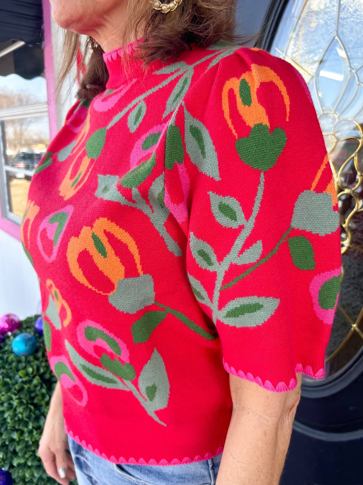 Red SS Floral Sweater