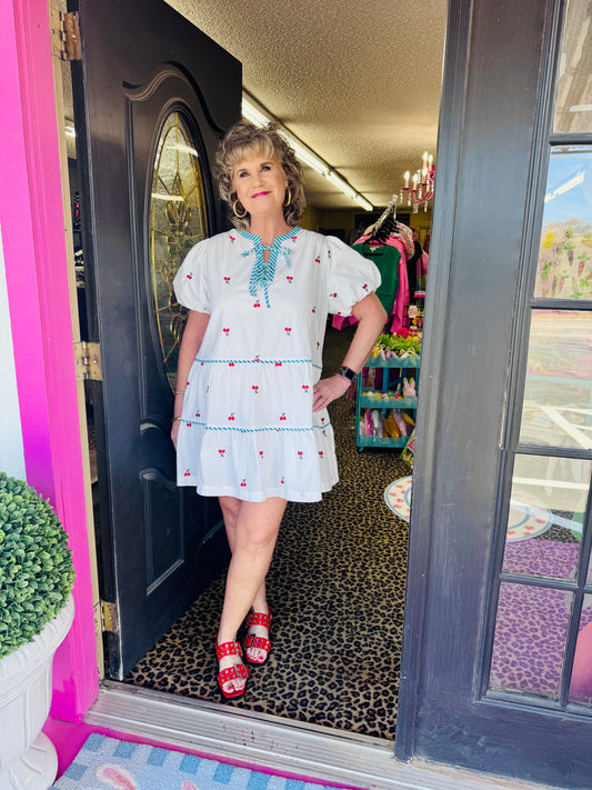 White Cherry Stripe Tie Dress
