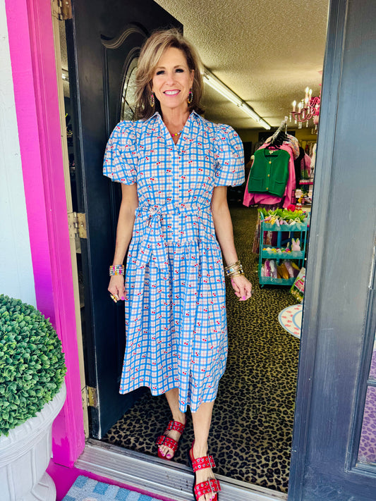 Blue Checker Cherry Midi Dress
