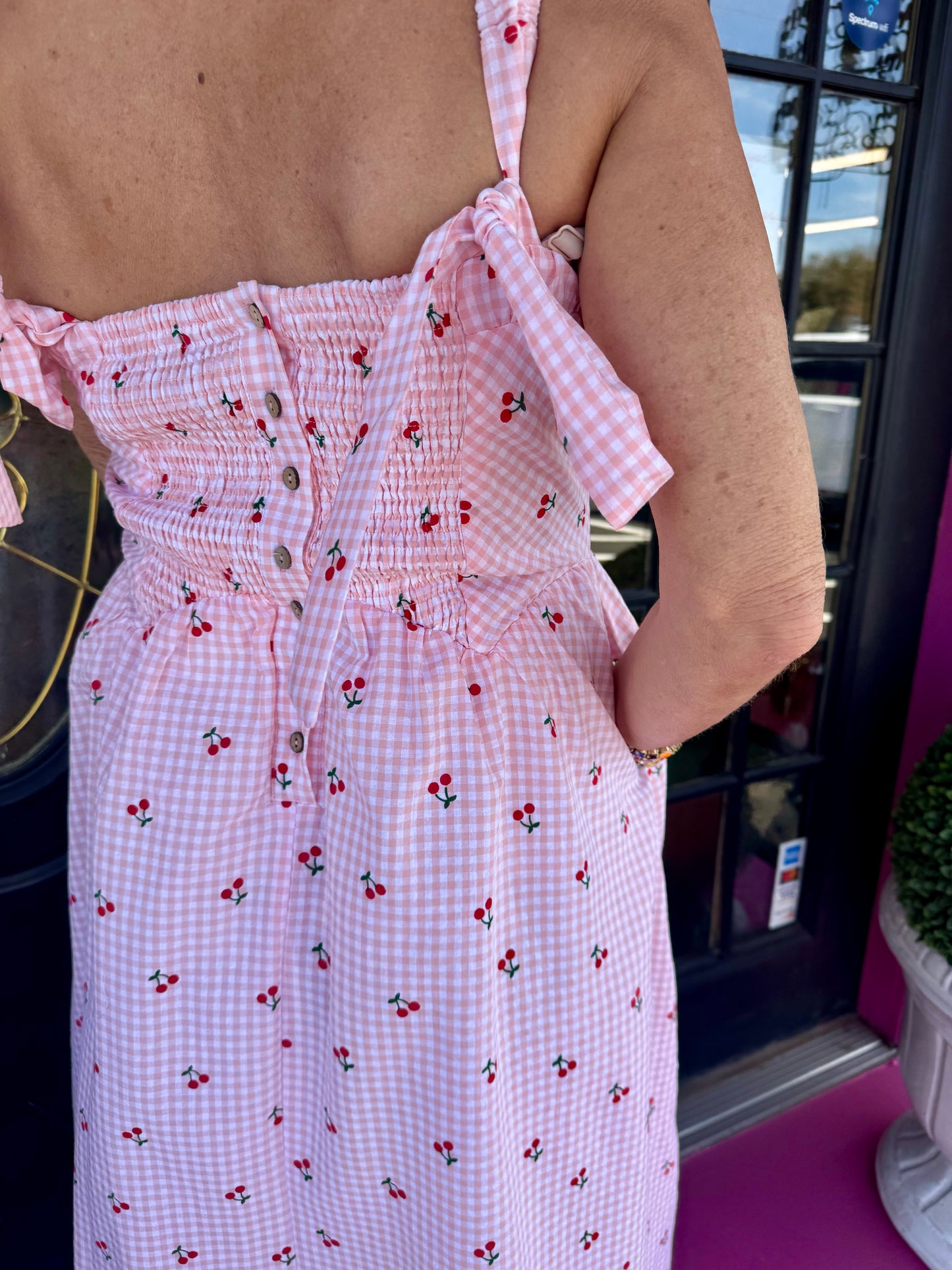 Spaghetti Cherry Gingham Dress