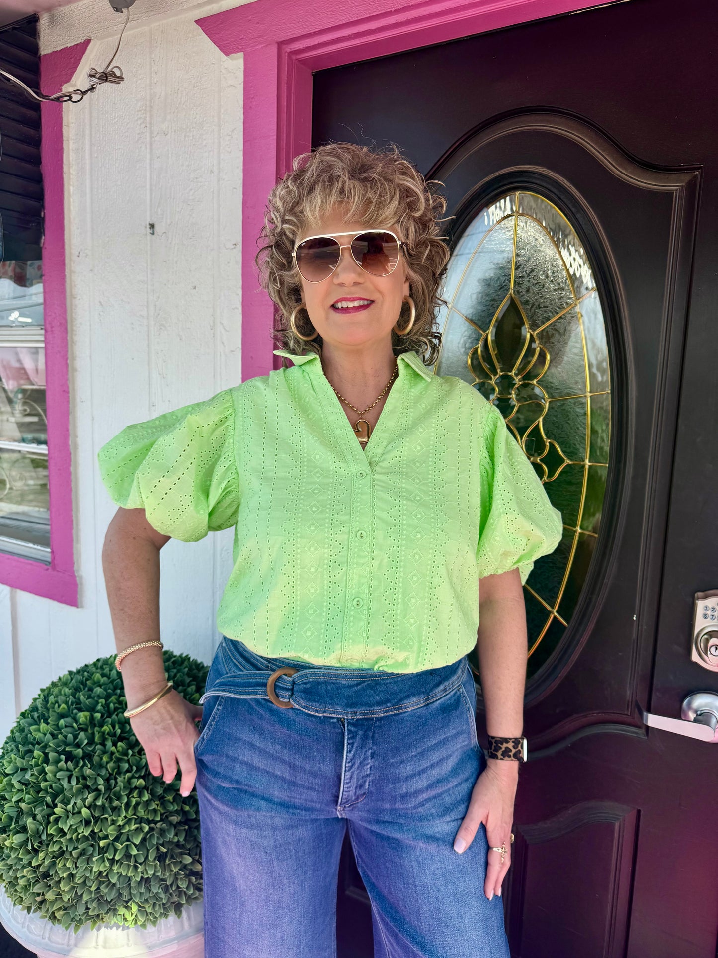 Lime Eyelet Embroidery Blouse