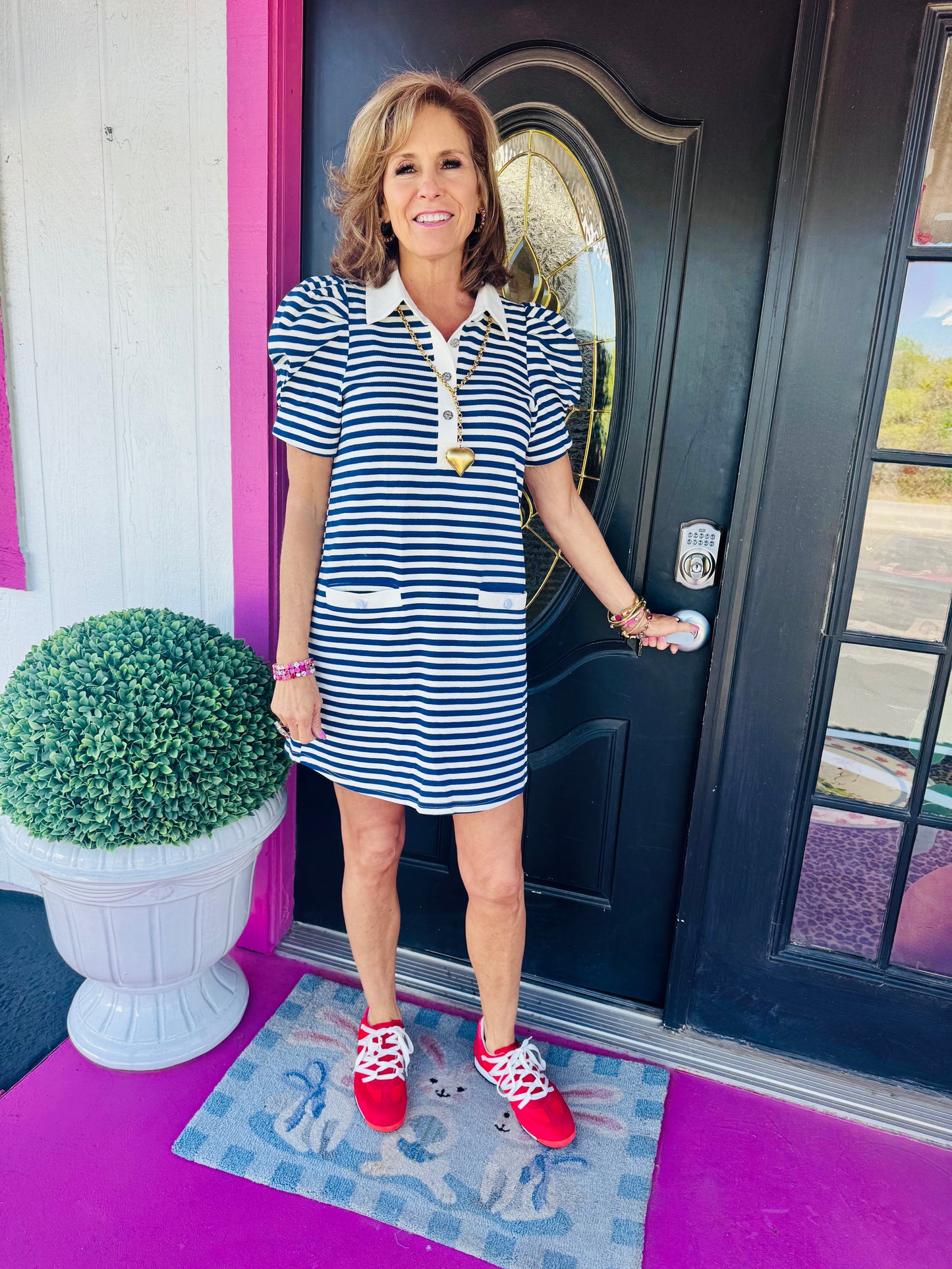 Navy Striped Ruffle Sleeve Dress