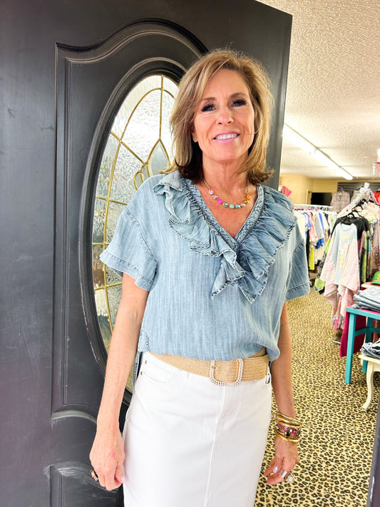 Indigo Ruffle Front Tunic Top