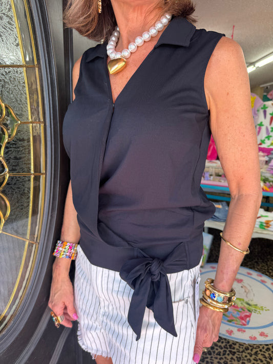 Black Sleeveless Collar Tie Top