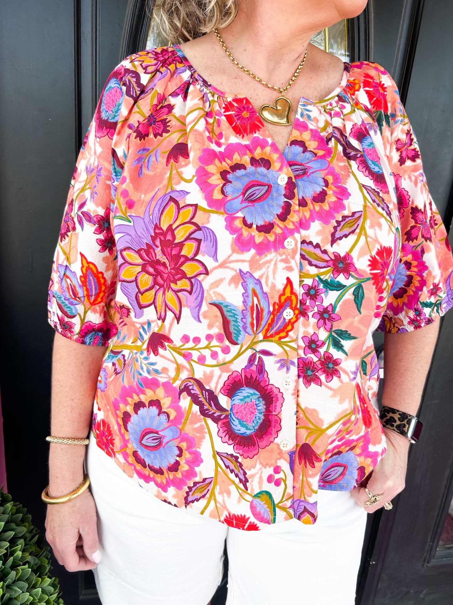 Floral Paradise SS Button Top