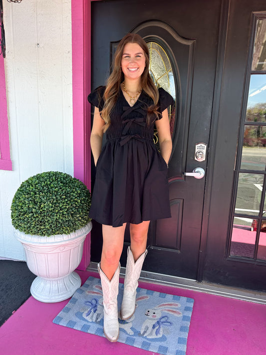 Black Smocked Front Tie Dress