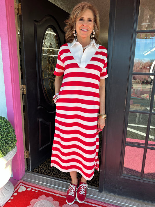 Red/White Striped Knit Maxi Dress