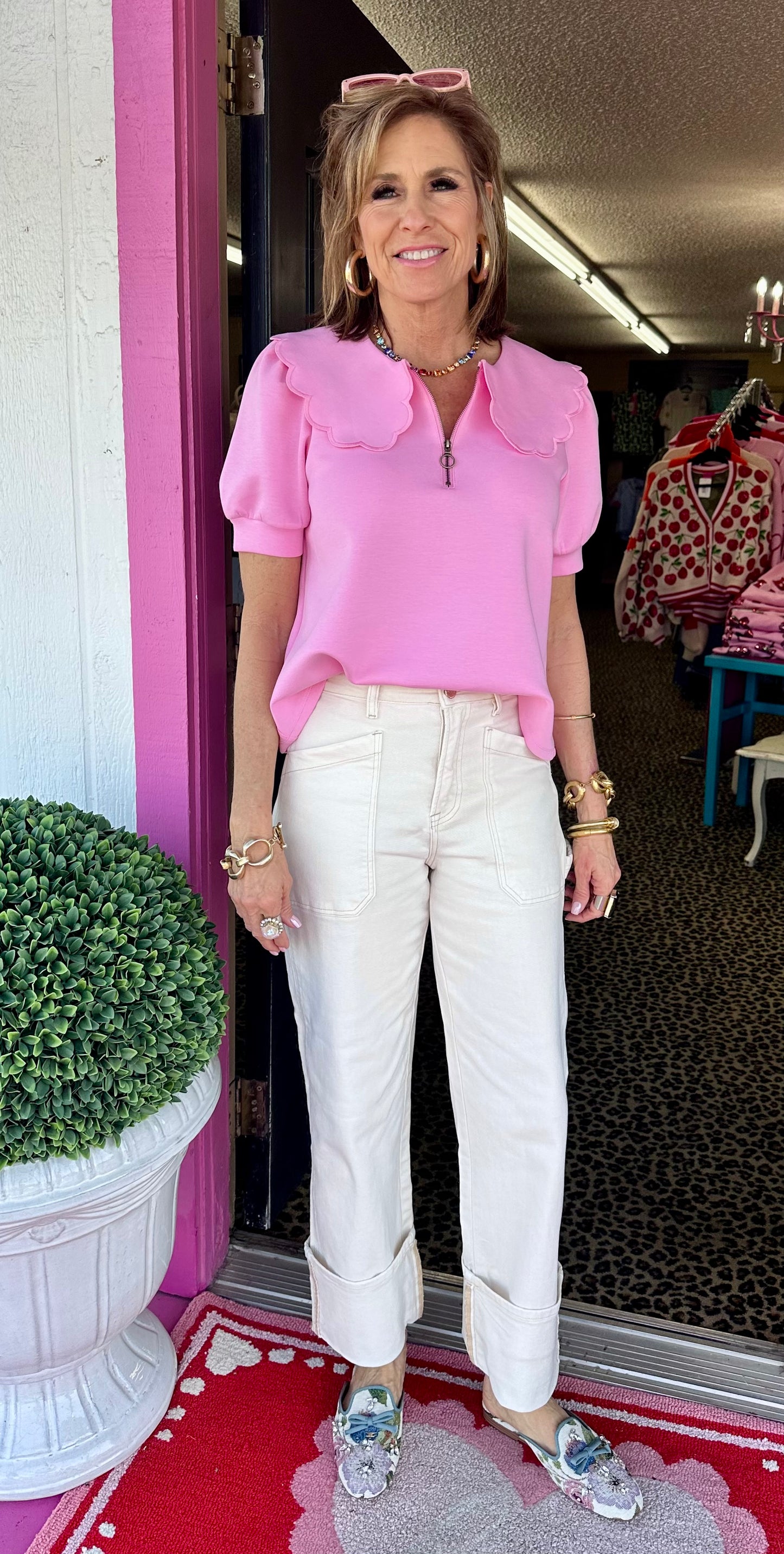 Pink Zip Scallop Neck Top