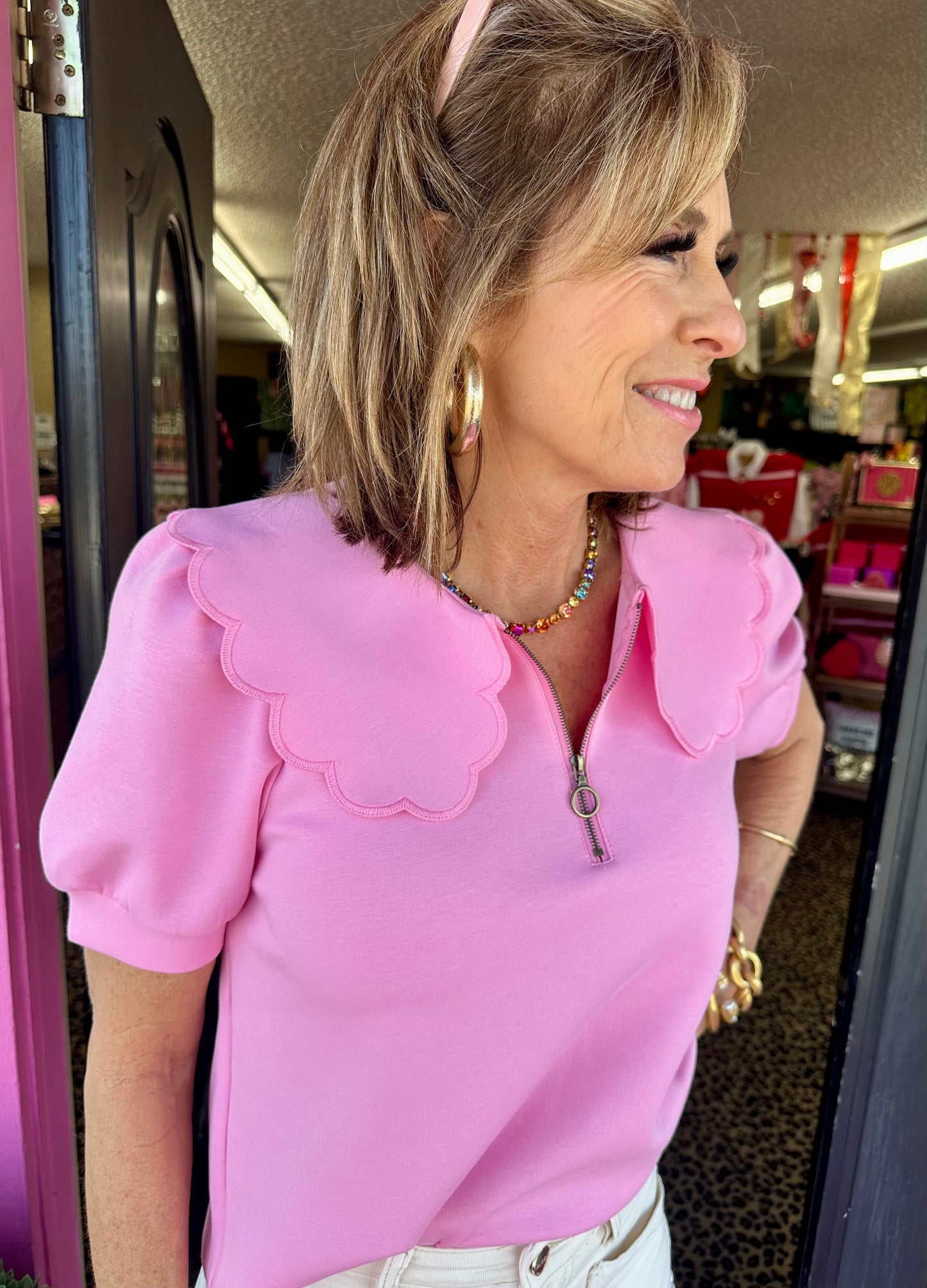 Pink Zip Scallop Neck Top