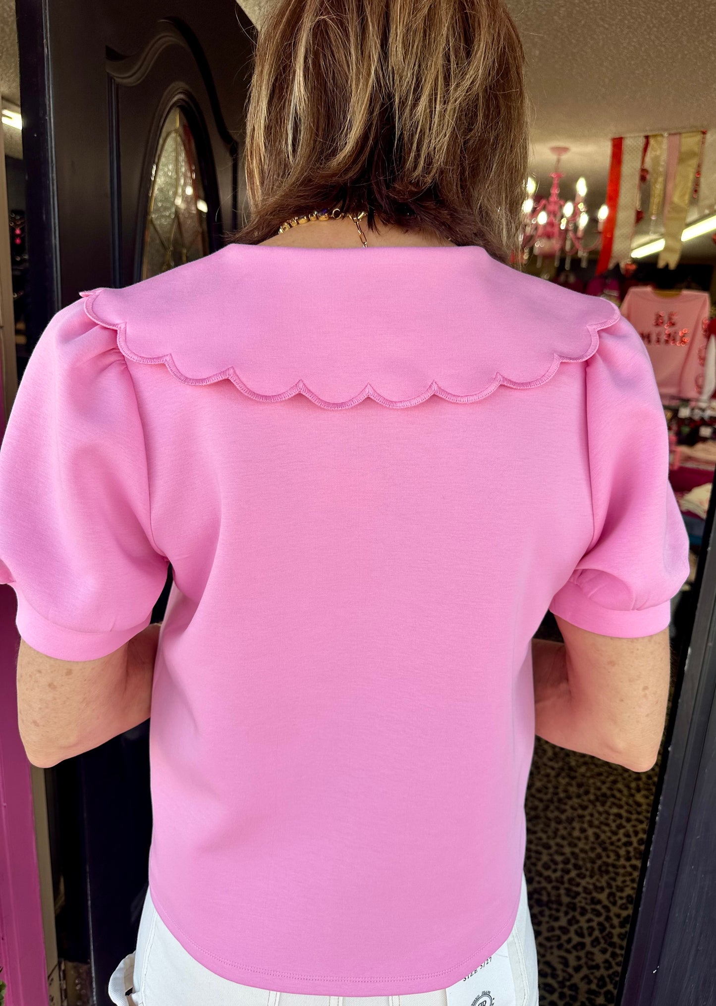 Pink Zip Scallop Neck Top