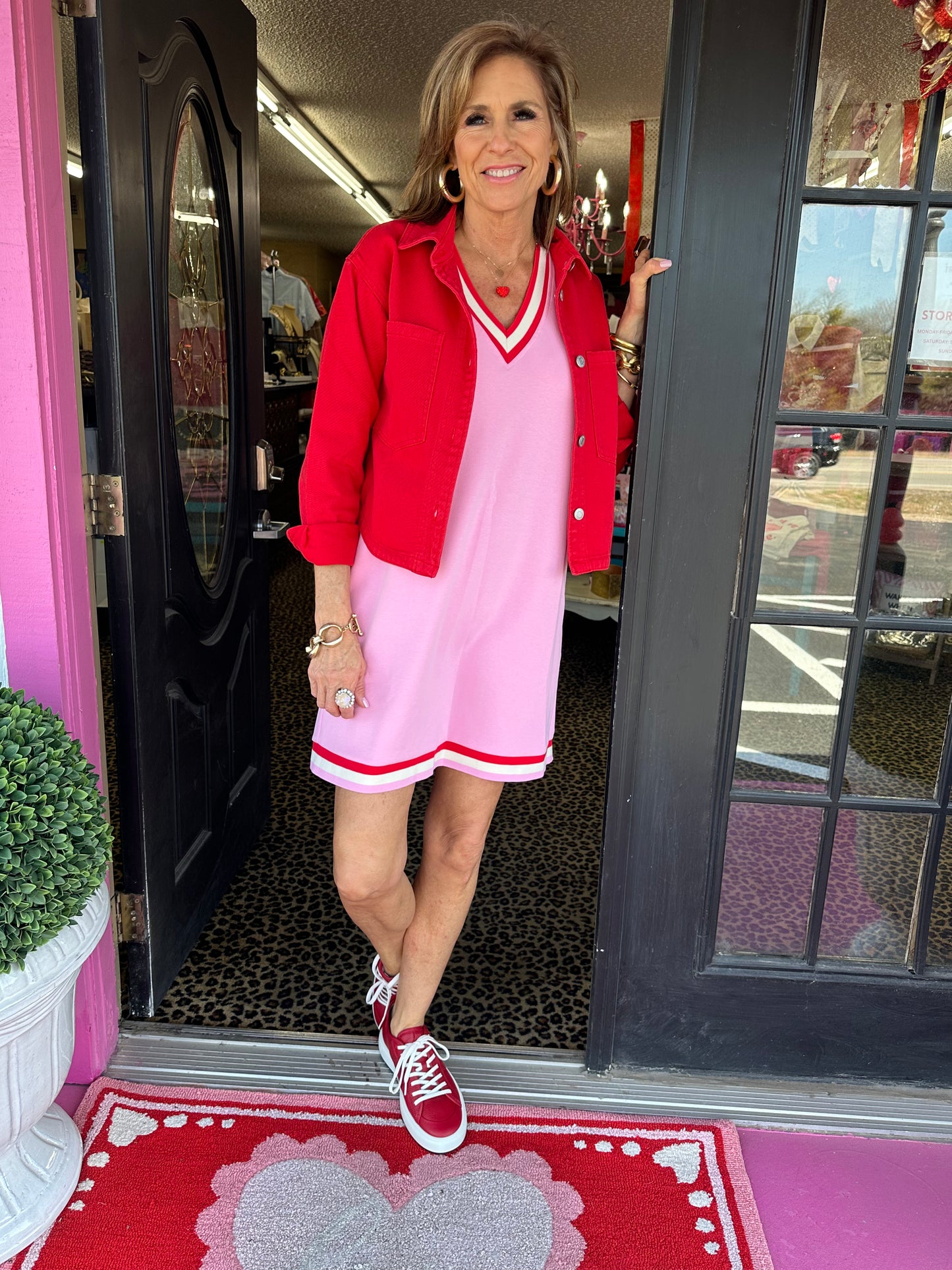 Pink Sleeveless Red Trim Knit Dress