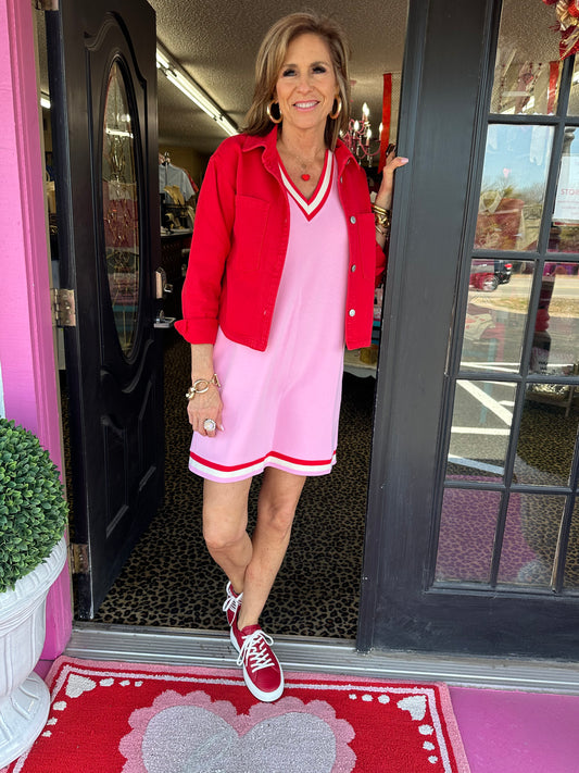 Pink Sleeveless Red Trim Knit Dress